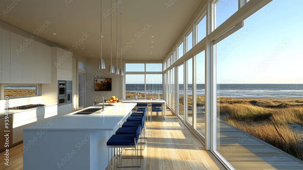 Fototapeta premium Ocean View Kitchen Modern Interior with a Stunning Seascape Through WalltoWall Windows