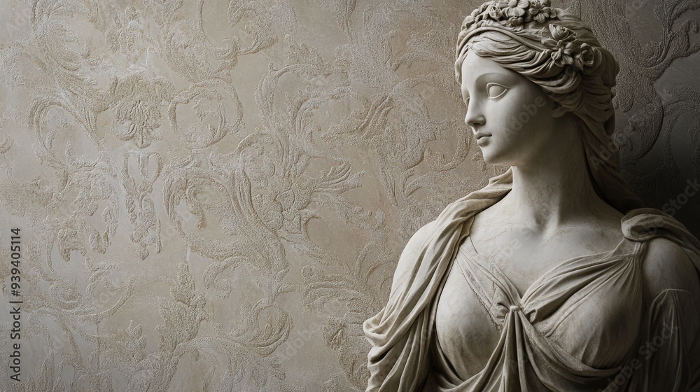 Naklejka premium Elegant marble statue of a serene woman with a detailed background. Classic art symbolizing grace and beauty. Ideal for art and history themes.