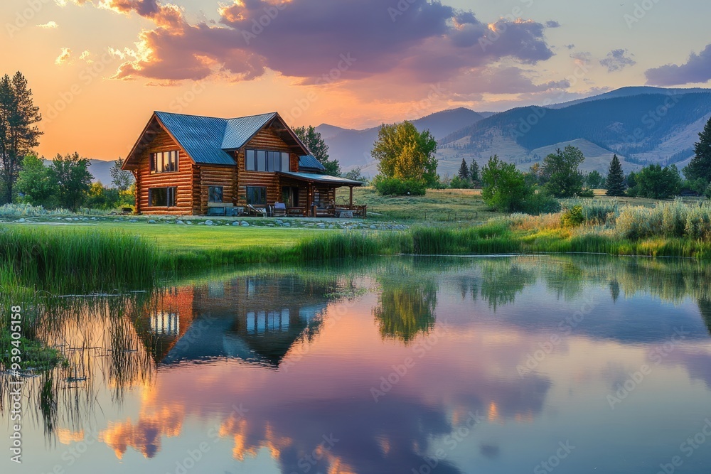 Idaho Home. Cabin at Sunset with Mountain Reflections in Country Landscape Idaho Home. Cabin at Sunset with Mountain Reflections in Country Landscape