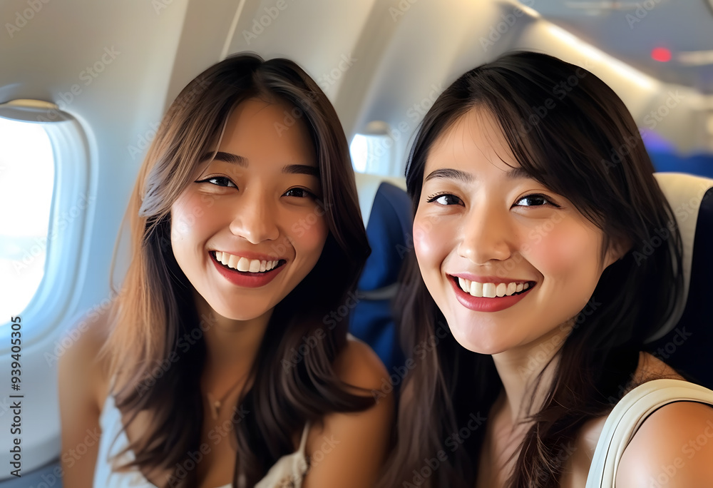 Two Asian women are chatting on a plane, their smiles indicating their excitement. Two Asian women are chatting on a plane, their smiles indicating their excitement.