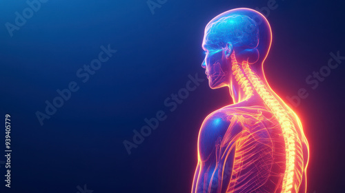 3d render of human back on blue background