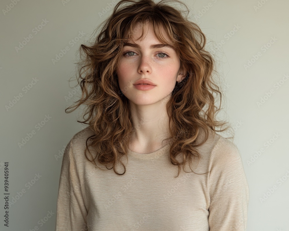Fototapeta premium Soft Focus A Womans Serene Gaze Captured in a Warm Textured Beige Sweater Her Wavy Hair Cascading Around Her Shoulders