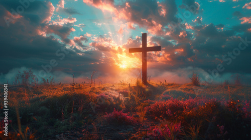 A cross on a hill, and in the sky the kingdom of Heaven, battlefield on ground, establishing shot photo