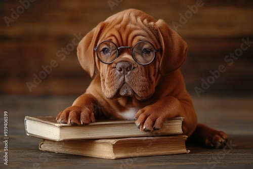 Dog Scientist. Cute French Mastiff Puppy in Glasses with Books