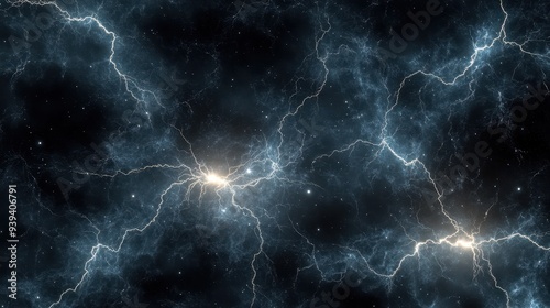 A cosmic scene depicting electric energy and nebula-like structures in space.