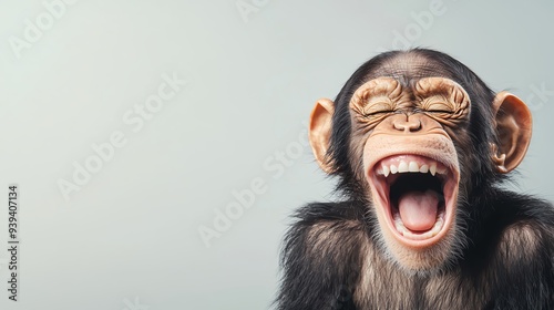 A joyful monkey laughing heartily, showcasing a charming expression against a simple background. Perfect for fun and playful themes. photo