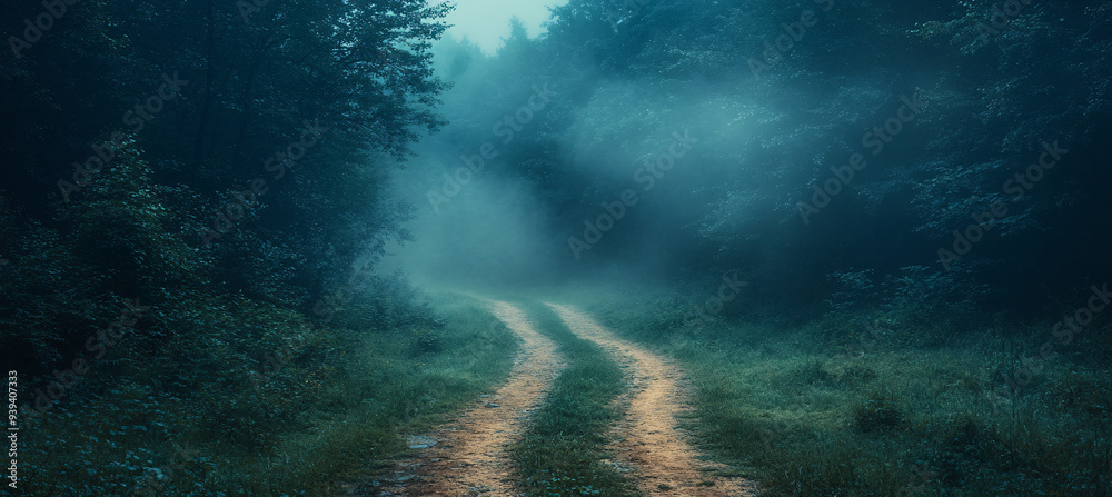 Obraz premium A misty forest path on a dark night, setting a horror and melancholic atmosphere. Suitable for Halloween-themed designs or spooky backgrounds.