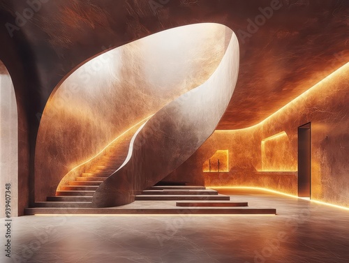 futuristic room with geometric chocolatecolored walls dramatic lighting creating angular shadows sleek product display platform minimalist scifi atmosphere photo