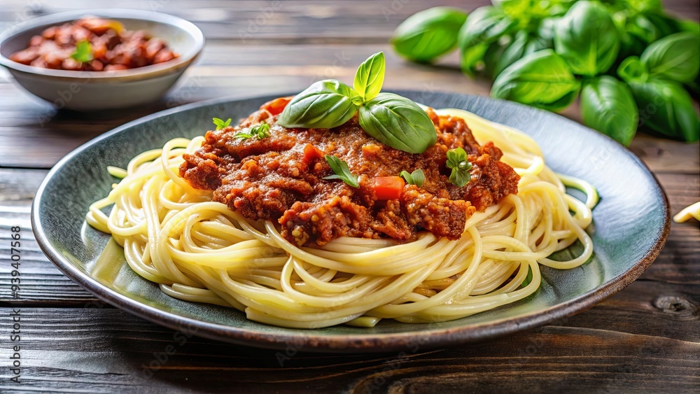 Spaghetti with rich bolognese sauce topped with fresh basil leaves, a classic Italian comfort food dish