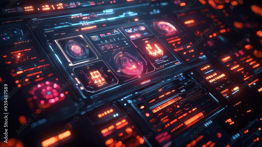 futuristic user interface design with holographic elements neon accents and translucent geometric shapes floating in a dark space futuristic user interface design with holographic elements neon accents and translucent geometric shapes floating in a dark space