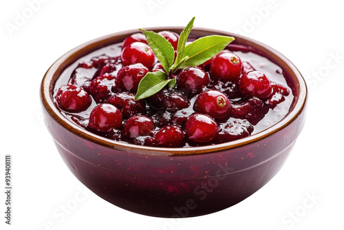 PNG A bowl of delicious cranberry sauce garnished with fresh cranberries and a leaf, perfect for holiday meals and recipes.