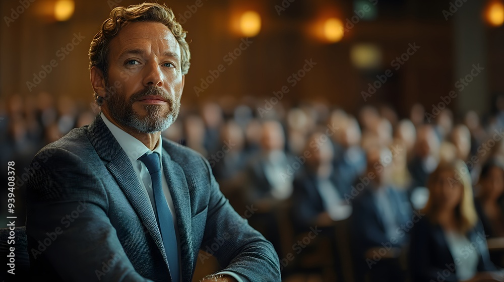 Fototapeta premium Speaker addressing a group of business professionals in a conference room, corporate strategy presentation, focused audience