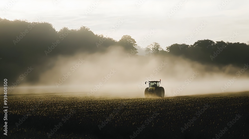 Fototapeta premium Tractor Navigating Misty Morning Field in Serene Farming Landscape