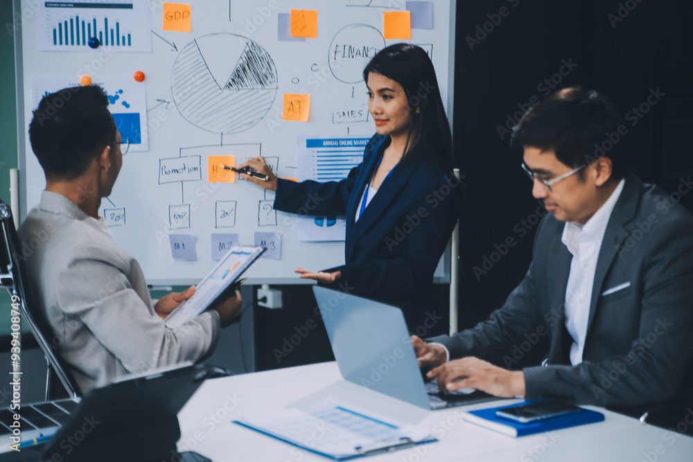 Fototapeta premium Group of confident business people point to graphs and charts to analyze market data, balance sheet, account, net profit to plan new sales strategies to increase production capacity.