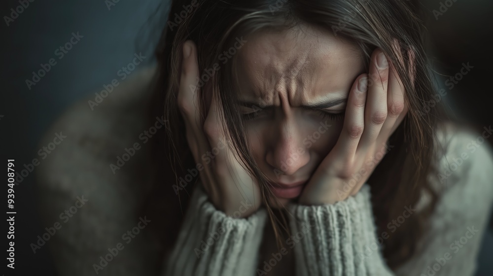 A woman struggles with overwhelming feelings of anxiety and depression, holding her head in grief A woman struggles with overwhelming feelings of anxiety and depression, holding her head in grief