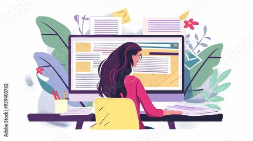 Business woman writing and planning website design on computer screen, focused on copywriting for 'about us' page and marketing strategy, professional designer or editor brainstorming and taking notes photo