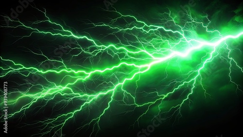 Green lightning strikes on a dramatic black background, symbolizing energy, power, and a storm