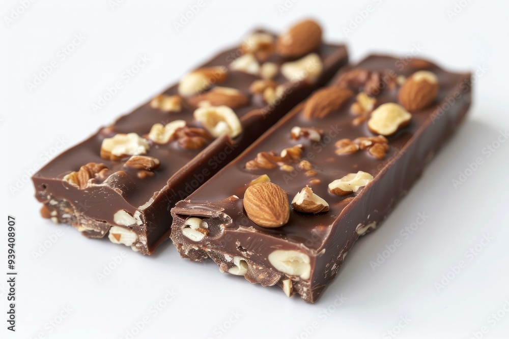 Three chocolate bars with almonds and nuts are lying on a white surface Three chocolate bars with almonds and nuts are lying on a white surface