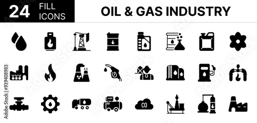 Collection of 24 oil & gas industry fill icons featuring editable strokes. These outline icons depict various modes of oil & gas industry, gas refinery, crude oil, lubricant, gas pump, fossil 