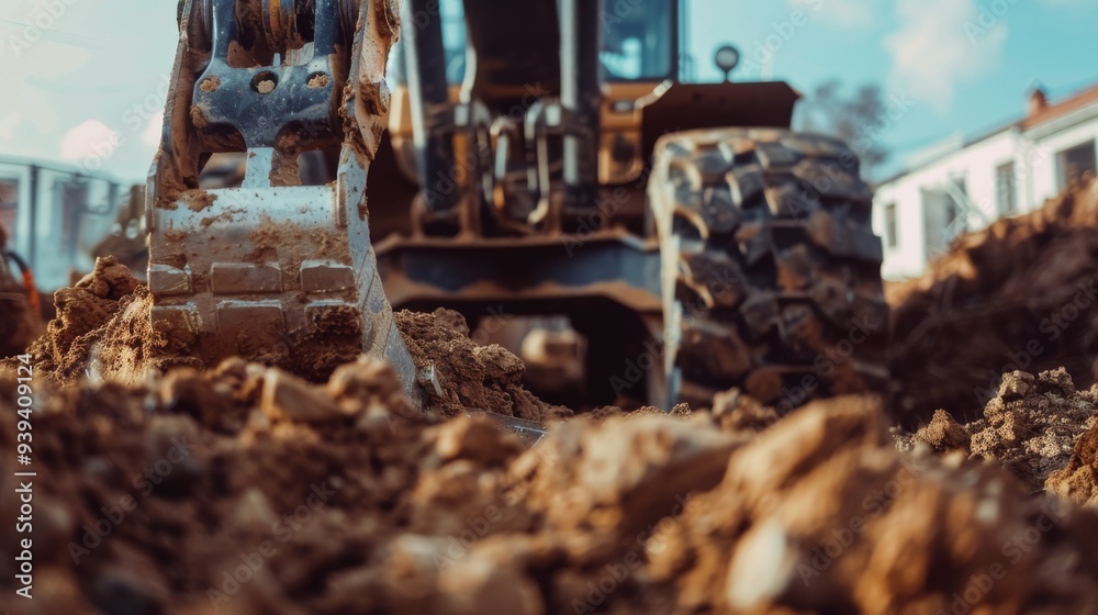 Fototapeta premium Close-up of Excavator Bucket Digging in Soil
