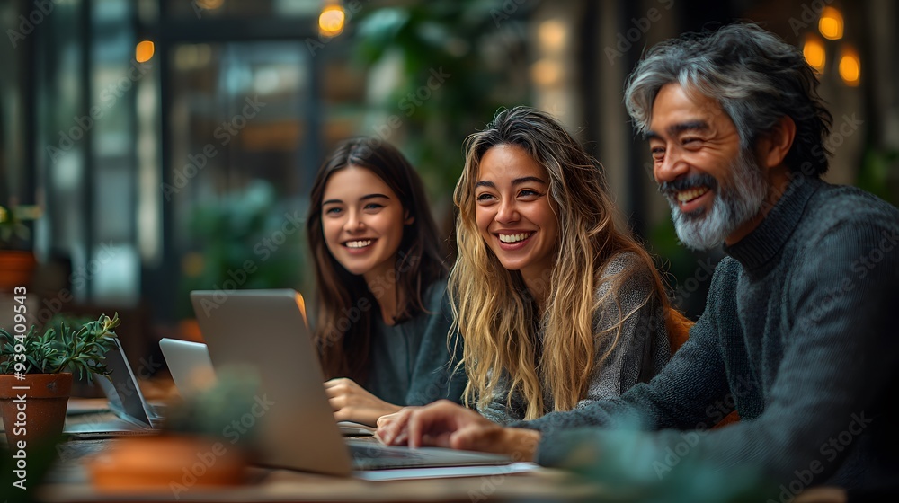 Obraz premium A cheerful business team gathered around a project, laptops in use, sharing laughs in a modern office