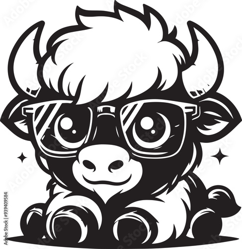 Cute little bison wearing glasses vector illustration silhouette