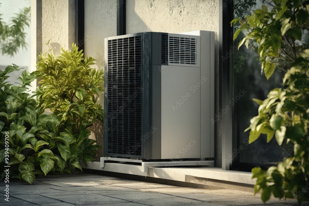 Outdoor Air Conditioner Unit in Garden Setting Outdoor Air Conditioner Unit in Garden Setting