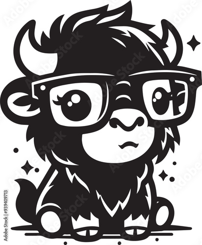 Cute little bison wearing glasses vector illustration silhouette