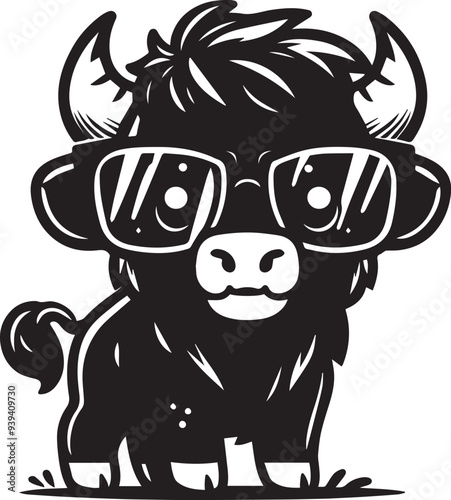 Cute little bison wearing glasses vector illustration silhouette