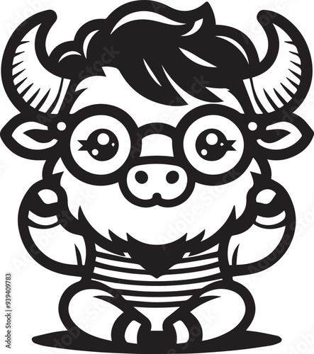 Cute little bison wearing glasses vector illustration silhouette