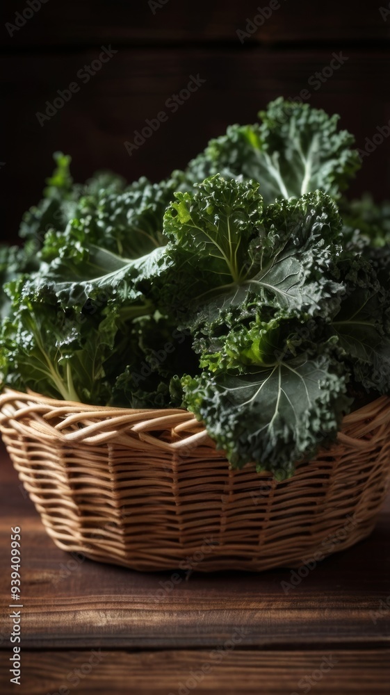 Fresh organic curly kale leaves in a rustic basket on a brown wooden table with a dark wooden background Fresh organic curly kale leaves in a rustic basket on a brown wooden table with a dark wooden background