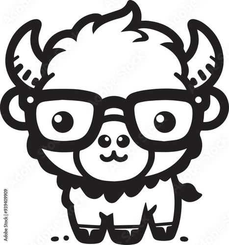 Cute little bison wearing glasses vector illustration silhouette