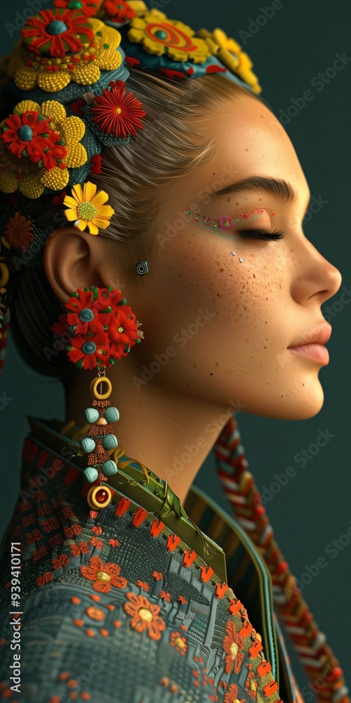 Fashion model with freckles is posing with her eyes closed, wearing a flower crown, colorful makeup and a green embroidered jacket Fashion model with freckles is posing with her eyes closed, wearing a flower crown, colorful makeup and a green embroidered jacket