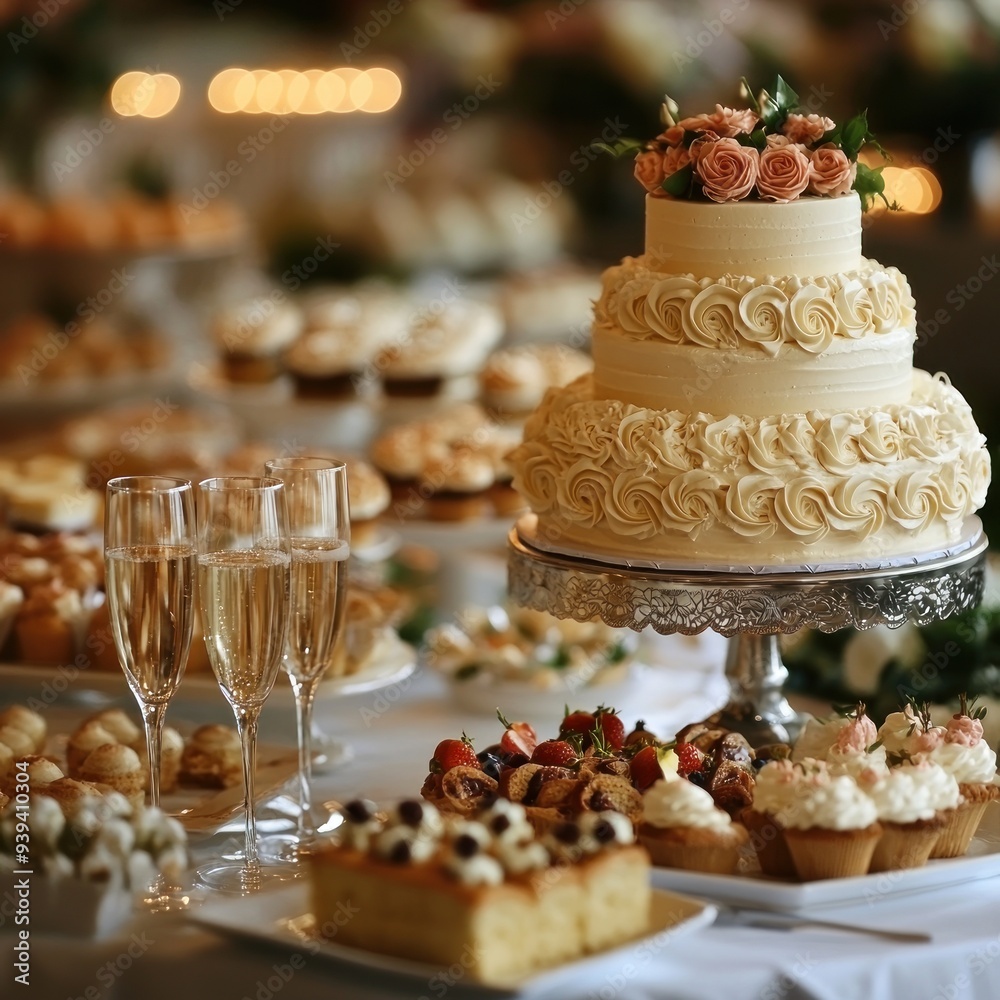 Rose Decorated Wedding Cake with Champagne Glasses and Dessert Table - Photo Rose Decorated Wedding Cake with Champagne Glasses and Dessert Table - Photo