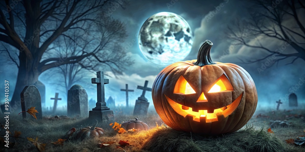 Fototapeta premium Spooky jack-o-lantern with a creepy smile in a moonlit cemetery graveyard