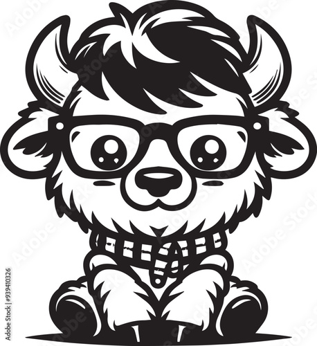 Cute little bison wearing glasses vector illustration silhouette