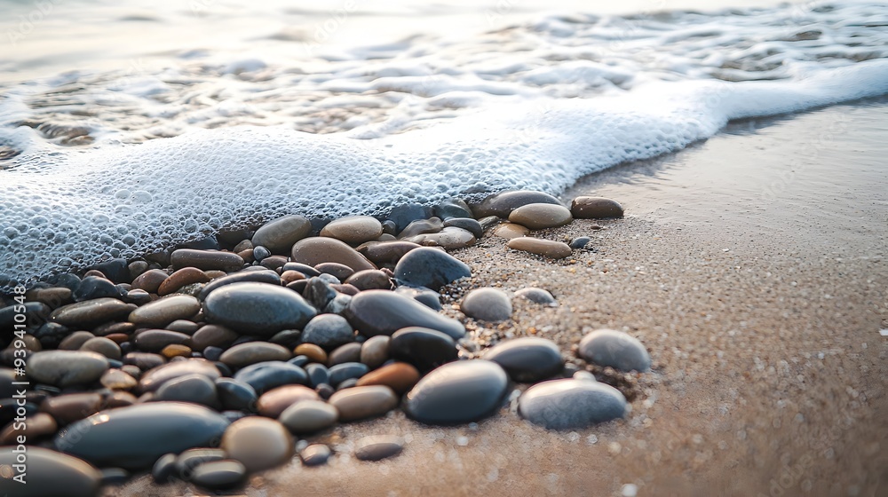 Tranquil Waves Gently Flowing Over Pebbles on Quiet Beach Tranquil Waves Gently Flowing Over Pebbles on Quiet Beach