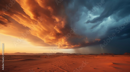 Desert Storm's Fiery Embrace: A panoramic vista of a desert landscape bathed in the warm hues of a fiery sunset, juxtaposed against a dramatic sky ablaze with lightning. 