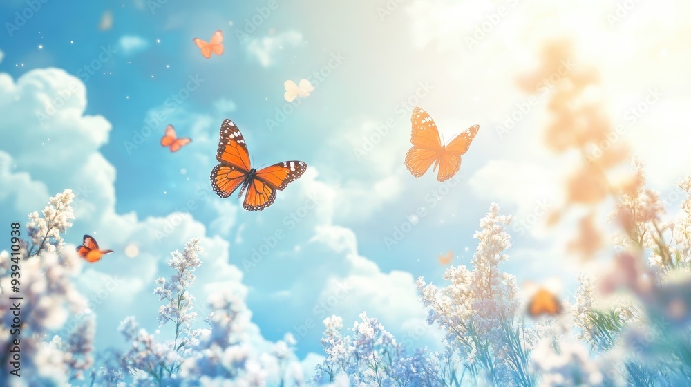 Beautiful butterflies fluttering over a vibrant field in heaven, surrounded by a dynamic white-light blue cloud backdrop, peaceful and dreamlike