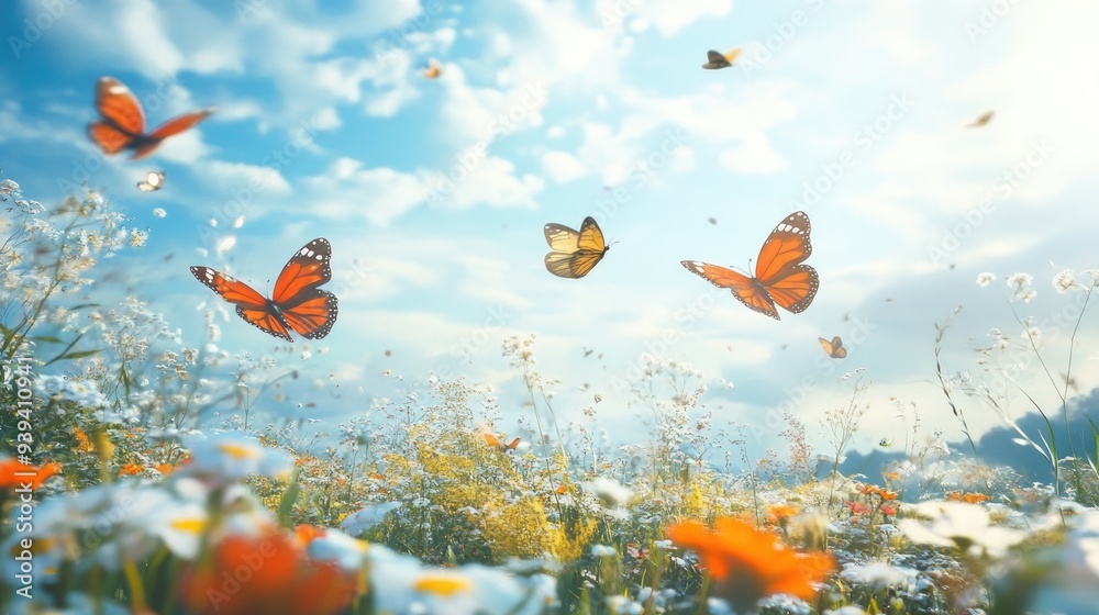 Beautiful butterflies fluttering over a vibrant field in heaven, surrounded by a dynamic white-light blue cloud backdrop, peaceful and dreamlike Beautiful butterflies fluttering over a vibrant field in heaven, surrounded by a dynamic white-light blue cloud backdrop, peaceful and dreamlike