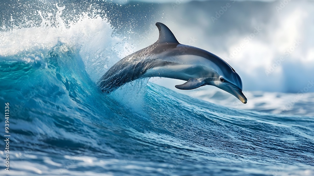 Fototapeta premium Sleek Dolphin Leaping Through Breaking Ocean Wave with Spray