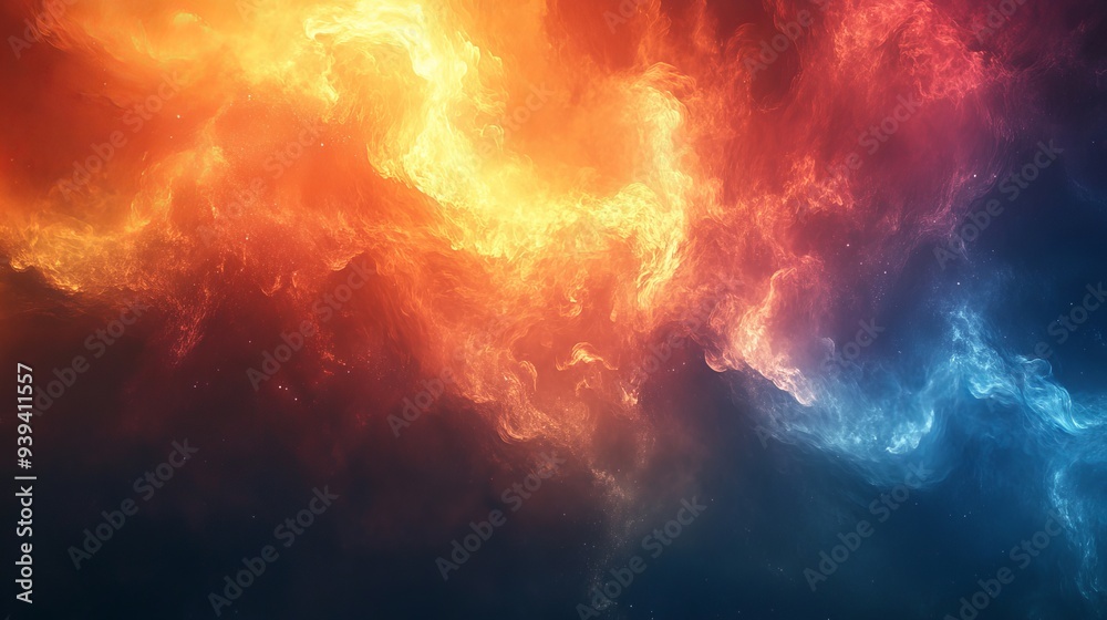 A colorful space scene with a red and orange cloud in the middle A colorful space scene with a red and orange cloud in the middle