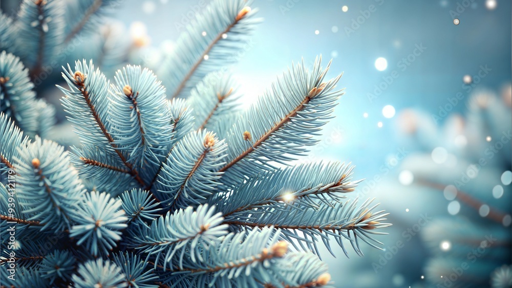 Close-Up of Frosty Pine Needles with Snowfall, Winter Wonderland with Copy Space Close-Up of Frosty Pine Needles with Snowfall, Winter Wonderland with Copy Space