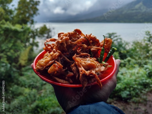 Holding Indian street food kanda bhaji dish having nature scenery in background, favourite Indian snack in monsoon , India