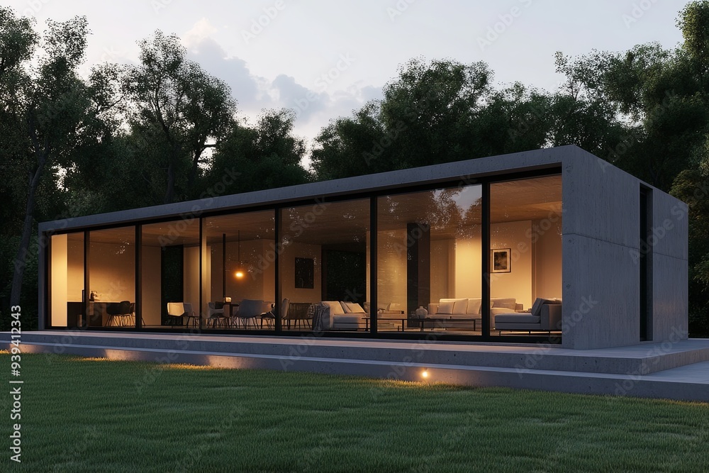 Obraz premium Modern concrete house with large windows overlooking a grassy lawn at dusk.