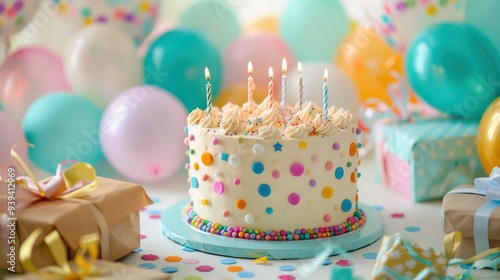 Birthday cake with candles surrounded by balloons and gifts. 