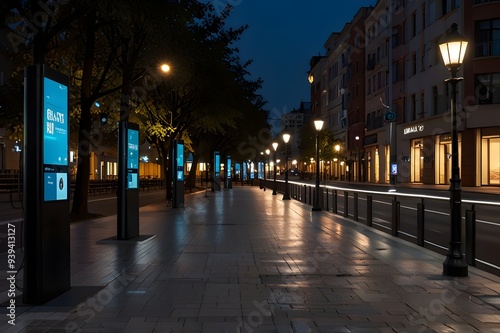 Modern Urban Street with Smart Technology IoT Streetlights and Interactive Features