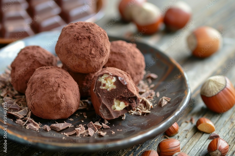 Chocolate hazelnut truffles coated in cocoa powder sitting on plate with hazelnuts scattered around them Chocolate hazelnut truffles coated in cocoa powder sitting on plate with hazelnuts scattered around them