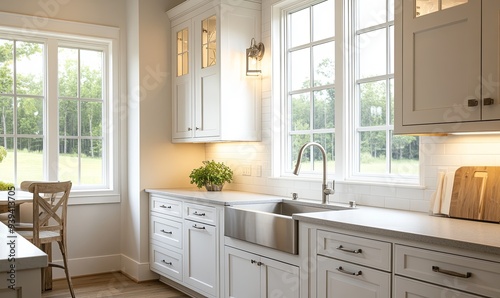 Modern kitchen with white cabinets, farmhouse sink, and a window overlooking a green lawn.