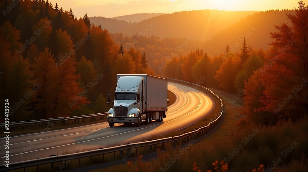 Truck driving through forested landscape Truck driving through forested landscape